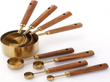Measuring Cups and Spoons Set of 8, Stainless Steel Gold Measuring Cups Kit with Wooden Handle, V1366-AZ2-W-11220