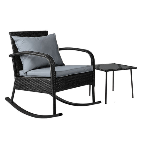 Gardeon 2PC Rocking Chair Table Wicker Outdoor Furniture Patio Lounge Setting ODF-ROCK-E-CHTB-BK