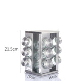 Modern stainless steel square spice revolving rack with 12 empty glass jars V888-ELOSUNG26115
