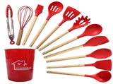 Red And Brown 12-Piece Silicone Kitchen Utensil Set - Non-Stick Food-Grade Silicone Cooking Tools V888-ELOSUNG23157