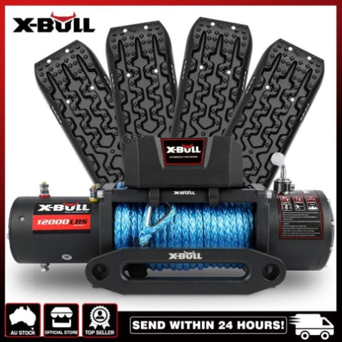 X-BULL 12V Electric Winch 12000LBS synthetic rope with 4PCS Recovery Tracks Gen3.0 Black V211-AUEB-XBEW006RT009-2