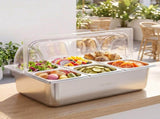 5-Star Chef 6 Pan Food Serving Display Stainless Steel Cooler Platter with Clear Roll Top Cover FD-6PAN-LID-SS
