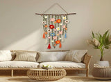 Boho Crochet Flower Wall Hanging,19.7in Handmade Macrame Floral Tapestry with Wooden Branch and V1369-AZ3-W-14907