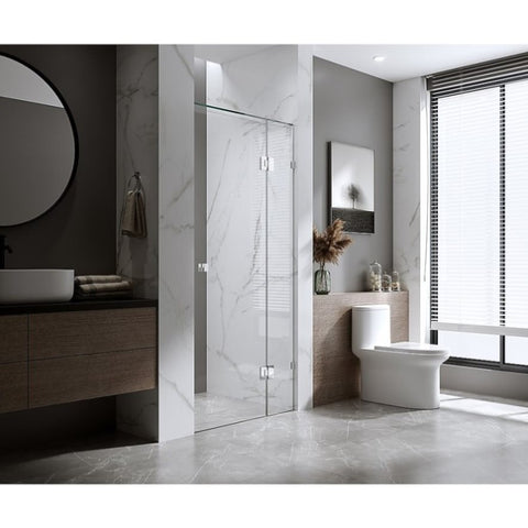 90cm Wall to Wall Frameless Shower Screen with Chrome Brackets and SS Hinges, Square Knob Handle V63-853041