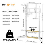 Height Adjustable Steel TV Stand on Wheels - Heavy Duty Mobile Floor Mount Cart for 40100 Inch V767-U-Z1938-WT