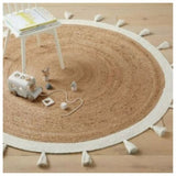 Bohemian Cream & Natural Braided Jute Cotton Round Rug with Tassel 120 x 120 cm V262-CI-STK-565JRF