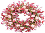 Valentine Day Pink Tulip Wreath, Pink Red Forsythia Berries, Artificial Flower Wreath for Front V1258-DP02-C-2689