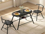 Artiss Dining Table Set 3PC Bistro Kitchen Storage Wine Rack Black Marble Style DSET-D-OVAL-BK