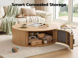 Artiss Round Coffee Table Storage Fluted Center Table Living Room Office 80cm Wood FUR-U-COF-11-WD