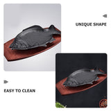 Heat Resistant Iron Fish Serving Plate with Wood Base Multi Color for Kitchen and Restaurant V1366-AZ2-W-21979