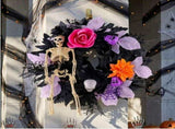 Halloween Skull Wreath, Gothic Skeleton Rose Wreath with Black Glitter, Spooky Front Door Decoration V1366-AZ2-W-23592
