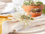 Set of 12 Daisies and Sunflowers Napkin Rings, Gold Napkin Ring Holders with Bees for Formal or V1237-ZY-203-1398