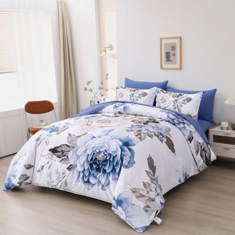 Plush Floral Comforter Set, King Size, Winter Quilted Bedding with Pillowcases V745-MAB010946AJ3