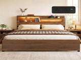 Artiss King Bed Frame Metal with Charging Station LED Light Storage Shelf MBED-D-ROCK-K-WD-AB