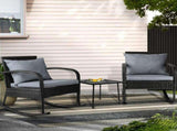 Gardeon 3PC Rocking Chair Table Wicker Outdoor Furniture Patio Bistro Set Black ODF-ROCK-E-SET-BK