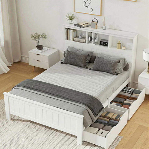 Artiss Bed Frame Double Size Wooden with 3 Shelves Bed Head White WBED-G-S1-D-DRAW