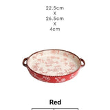 ceramic serving plate, double handled baking dish, pizza pan, cherry blossom pattern, underglaze V1106-122-66396-GRN-SET