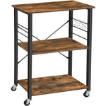 Vasagle Kitchen Serving Shelf Trolley on Wheels, 3 Shelves with 6 Hook Rustic Brown V227-9101101012141