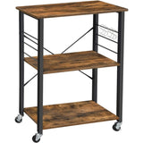 Vasagle Kitchen Serving Shelf Trolley on Wheels, 3 Shelves with 6 Hook Rustic Brown V227-9101101012141