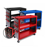 3-Tier Heavy Duty Steel Tool Trolley - Workshop Cart with Pegboard, Hooks and Locking Swivel Casters V465-95241