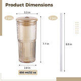 2PCS Ribbed Glass Tumblers, 22oz Amber Drinking Cups with Straws and Lids, Borosilicate Glassware V1369-AZ3-W-08851