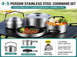 3-Piece Food Grade Stainless Steel Camping Cookware Set with 1.6L Kettle, Large Stew Pot and Large V888-ELOSUNG55180-2