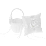 7 * 7 inches Ivory White Satin Flower Bowknot Ring Bearer Pillow and Wedding Flower Girl Basket Set V1294-YM0901-H19360