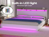 Artiss Bed Frame Gas Lift LED Beds Base Platform White PVC Leather Storage Headboard - King BFRAME-G-SUNSET-K-WH-ABC