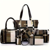 Women'S Bag Set Six Piece Bag Set Checkered Bag Large Capacity Bag Korean Style - Brown - Size V1347-127-40368-BRN-30-27-13