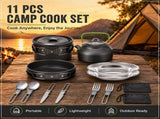 11PCS Black Camping Cookware Set Lightweight Aluminium Camping Pots, Frying Pan, Kettle & V888-ELOSUNG54628