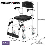 Equipmed Commode Shower Chair, Over Toilet or Bedside 136kg Capacity Aluminium frame with Wheels, V219-HELSBSEQCC5A