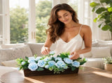 Artificial Flower Arrangement in Carbonized Wood Planter Box, Preassembled Lifelike Peony and Rose V1369-AZ3-W-12305