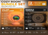 Pink Cat Ear Sunset Projection Lamp and 150x200cm Black Mandala Tapestry Combo - USB Powered ABS V888-ELOSUNG53521
