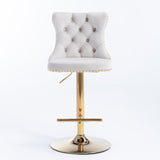 2x Height Adjustable Swivel Bar Stool Velvet Studs Barstool with Footrest and Golden Base- Beige V226-SW1912BG