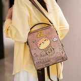 Kawaii Backpack, Vintage College Style, Cat Castle Print, Large Capacity, Adjustable Strappink) V1232-YHSJB-PU-001