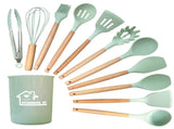 Light Green And Brown 12-Piece Silicone Kitchen Utensil Set - Non-Stick Food-Grade Silicone Cooking V888-ELOSUNG23154