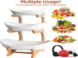 CARLA HOME 3-Tier Ceramic Fruit Bowl Basket with Bamboo Stand for Kitchen Counter, Snack Tray, LSB-36196