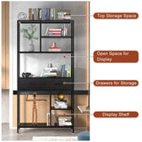 Metal Bookcase With Drawers, Dark Walnut & Black, 90x30x180cm, 6 Shelves V178-59361