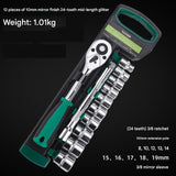 Green 12-Piece 3/8-Inch Drive 24-Tooth Ratchet & Set High-Carbon Steel, Mirror-Polished V888-ELOSUNG50888