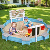 Keezi Kids Sandpit Wooden Round Sand Pit with Cover Funnel Bench Seat Beach Toys 215cm SAND-OCTA-FUNNEL