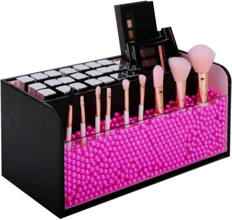 Leather Makeup Brush Cosmetic Organiser Storage Box with Pink Pearls, Acrylic Cover and 3 V178-24415