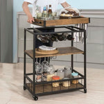 Industrial Vintage Style Wood Metal 3 Tiers Kitchen Serving Trolley with Wine Rack V178-88889