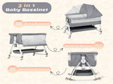 3-in-1 Adjustable Height Baby Bassinet Crib with Mosquito Net and Storage Basket in Grey LSB-59240