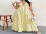 Apricot XL Size Women's Elegant Halter Maxi Dress Summer Backless V-Neck Sleeveless Long Beach V888-ELOSUNG41125