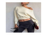 Women Off Shoulder Long Sleeve Pullover Sweater Top Trendy Boat Neck Soft Ribbed Knit Crop Sweater S V1366-AZ2-W-14627