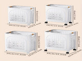 A wheeled foldable plastic laundry basket, suitable for dirty clothesnd easy to move. It features V1102-XYL001