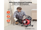 Drain Cleaner Machine 15m x 13mm, Manual Feed Sewer Snake Auger on Wheels - with 4 Cutters & V952-SDJJKLSGDSTJWGUIY002V3