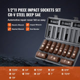 VEVOR 1/2" Drive Impact Socket Set, 11 Piece Deep Socket Set SAE 3/8"-1", 6 Point CR-V Alloy Steel V952-CJT12SAECRV11JO1IV0