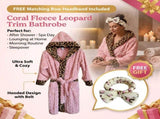 Coral Fleece Leopard Trim Bathrobe Set Bow Headband Included- Pink Hooded Plush Dressing Gown with V888-ELOSUNG54485