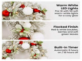 Christabelle 61cm Snowy Elegance Christmas Wreath Pre Lit Warm White LED Red Baubles Berries Fr 112_SENSE61